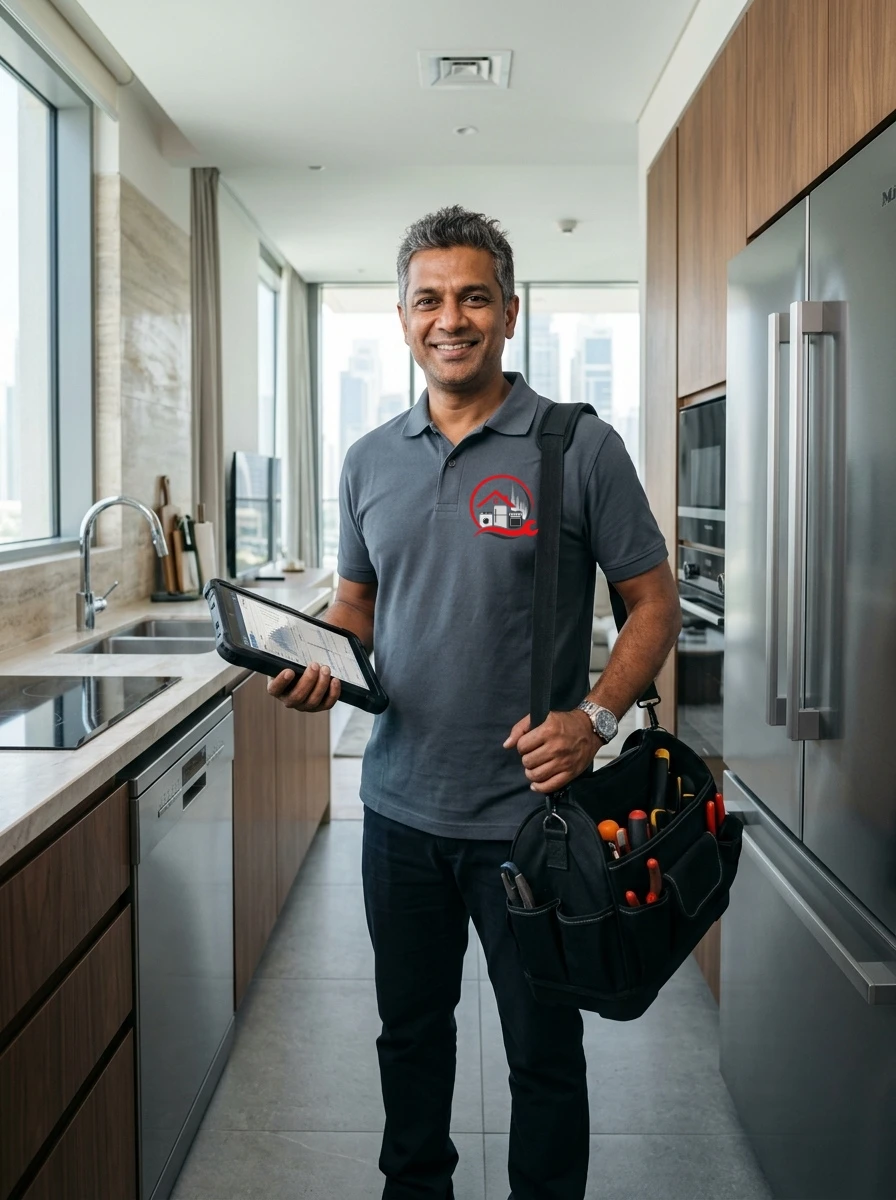 Certified Repair UAE Appliances Technician at work in modern kitchen