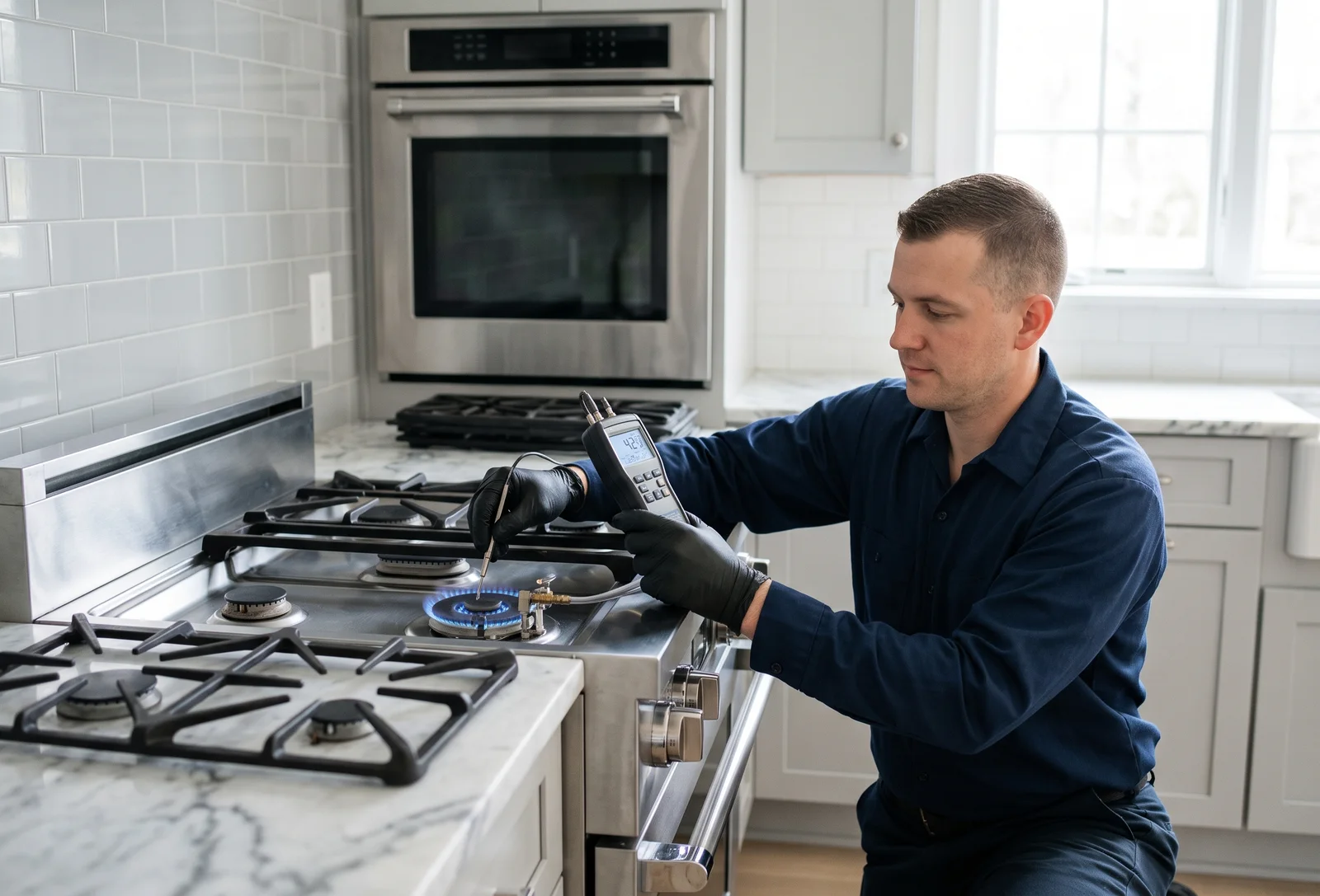 Technician inspecting gas cooker stove