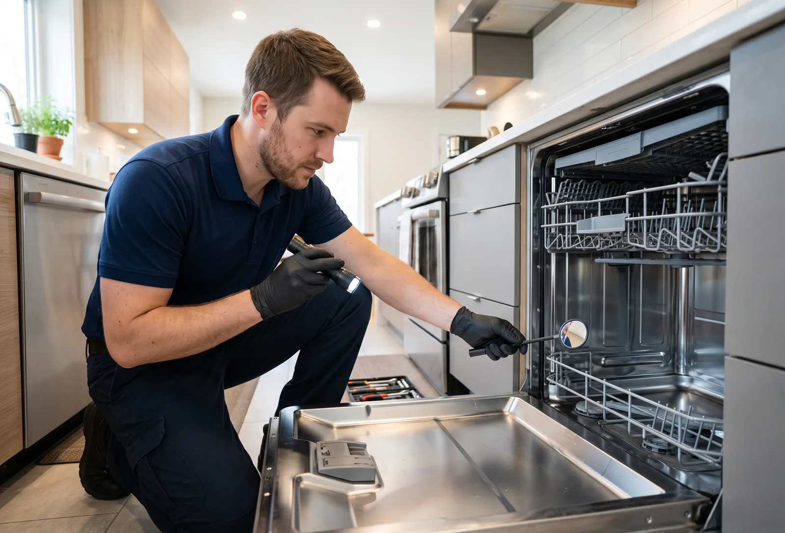 Technician checking dishwasher components