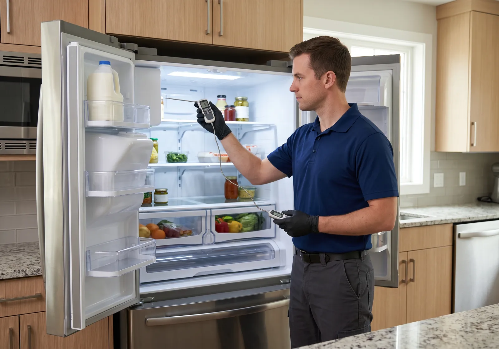 Technician servicing modern refrigerator