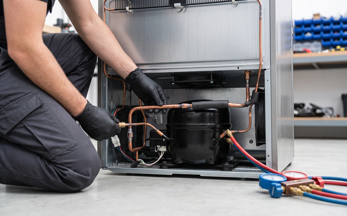 Technician Replacing Inverter Compressor on Refrigerator in Sharjah