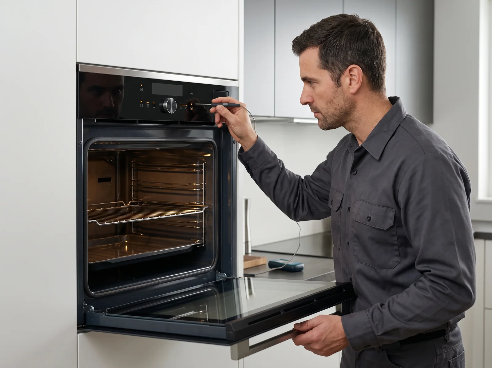 Technician calibrating modern built-in oven and cooker