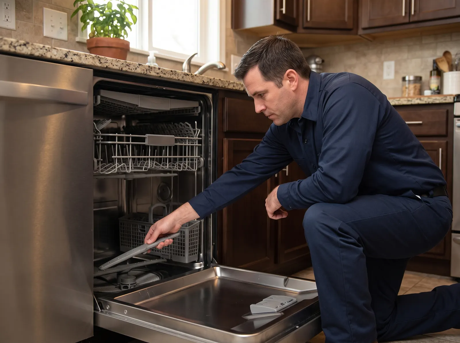 Technician inspecting built-in dishwasher spray arm and pump