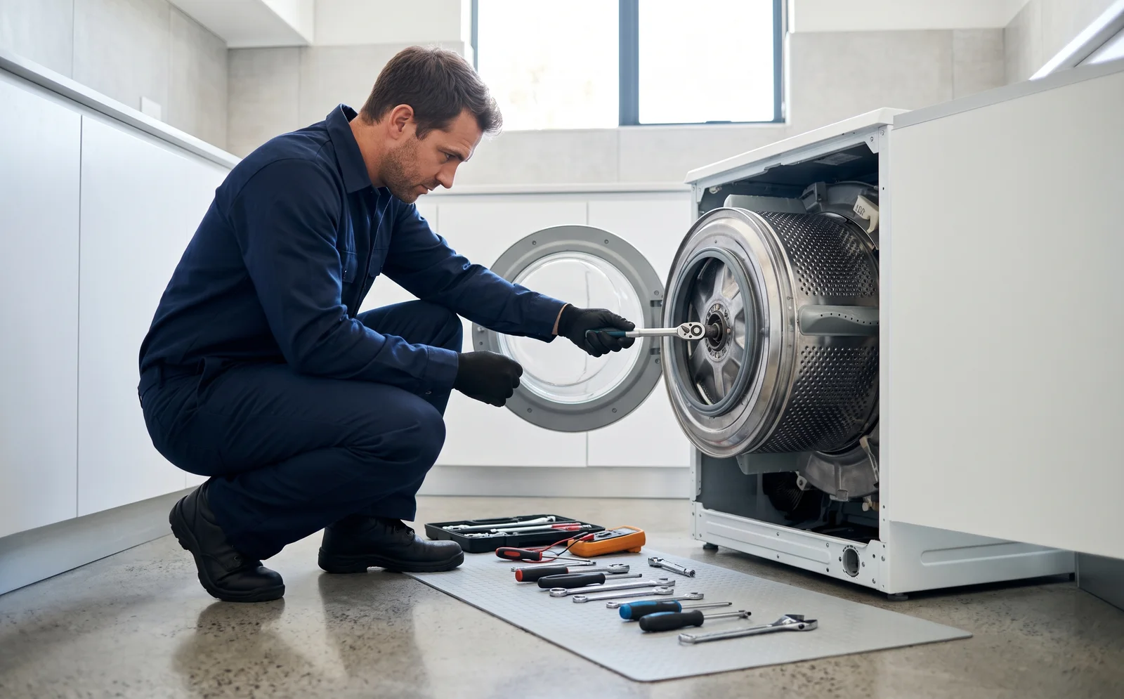 Technician repairing washing machine drum with wrench