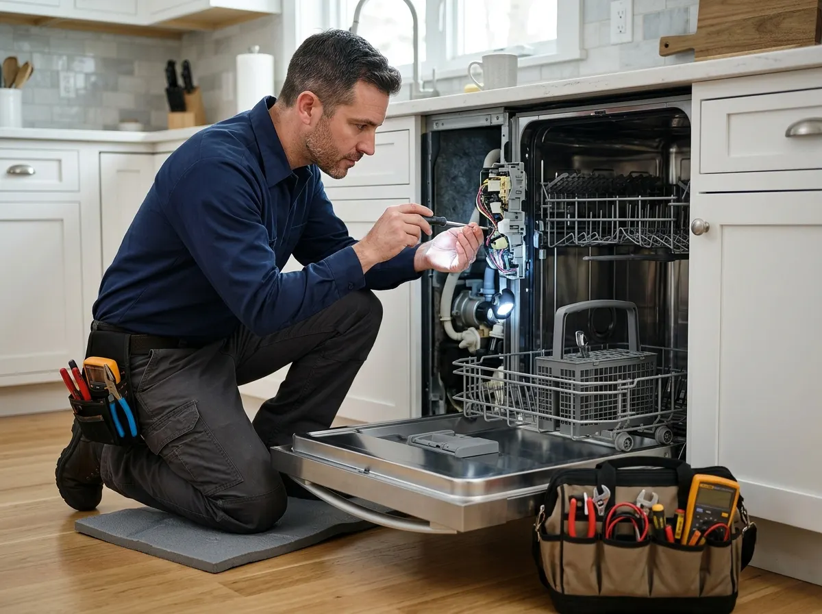 Certified Master Technician Performing Dishwasher Diagnosis