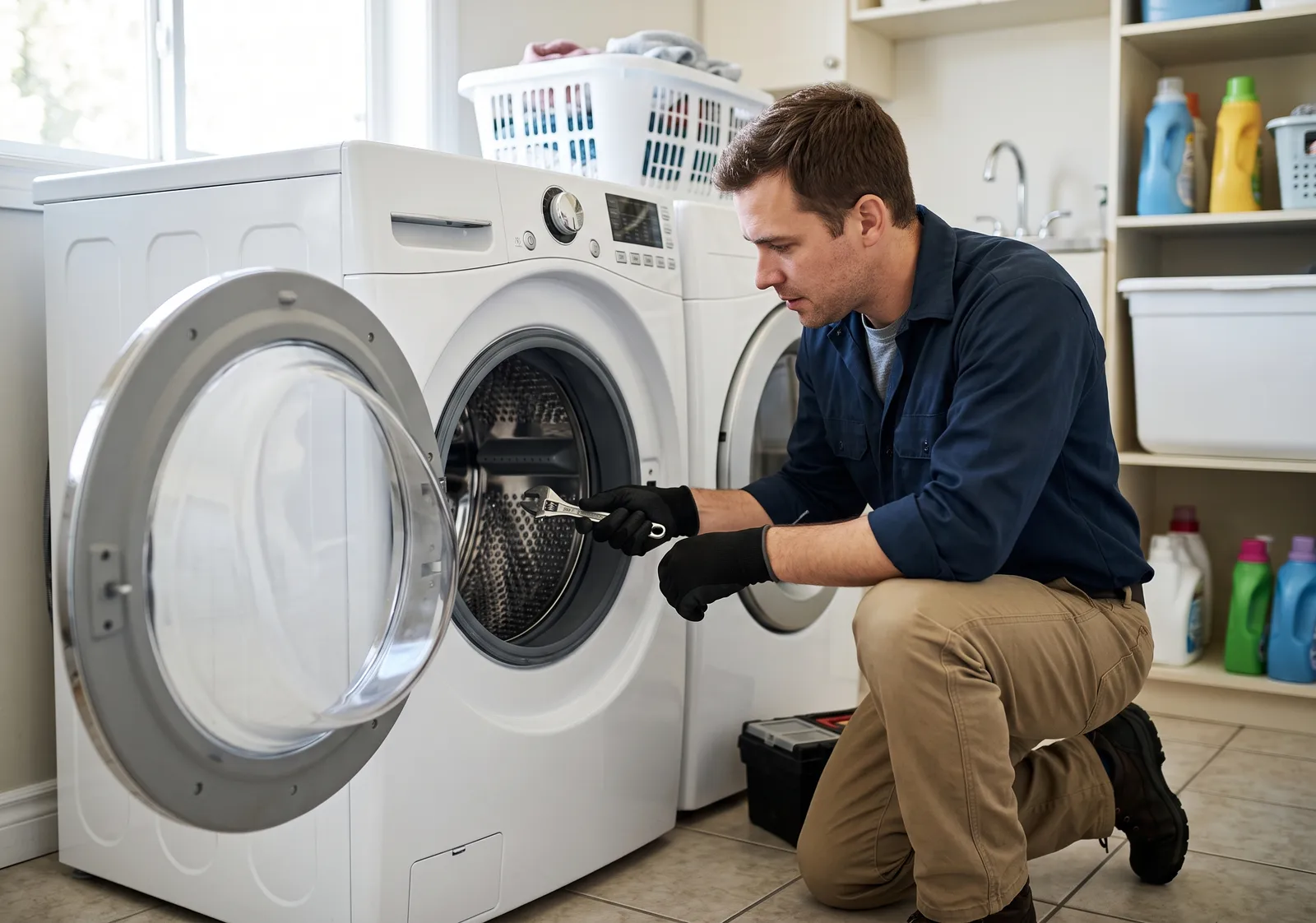 Technician repairing washing machine